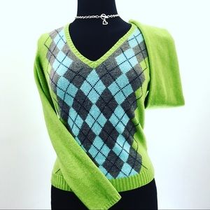 J. Crew Green V neck Argyle style sweater size M